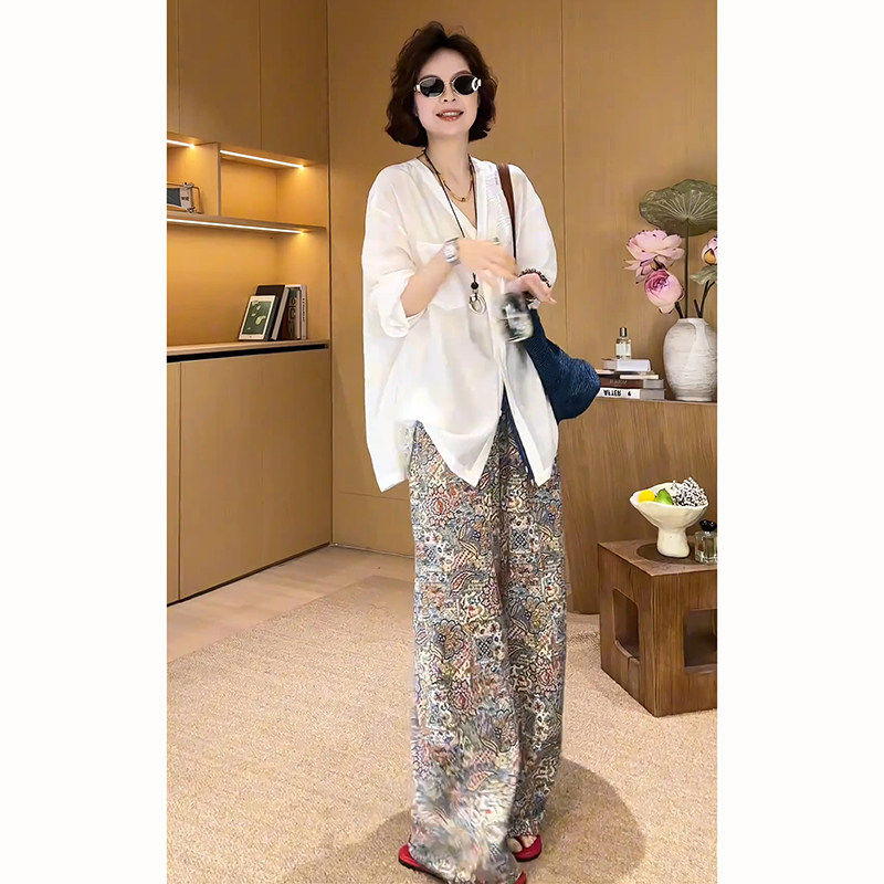 松弛感时尚套装女早秋新款网纱拼接防晒长袖衬衫碎花直筒裤两件套