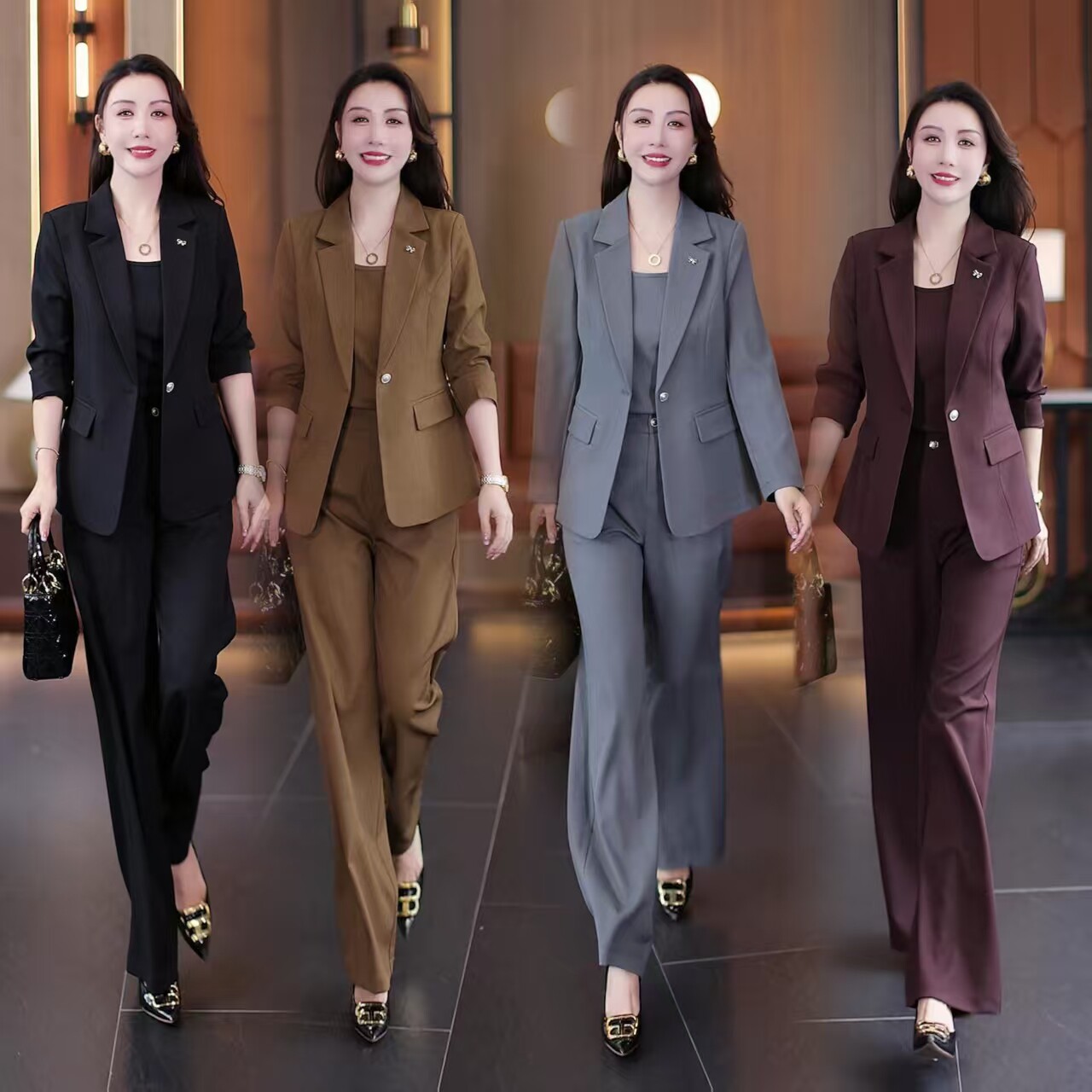 早秋职场干练西装三件套 显瘦西服微喇阔腿裤气质套装
