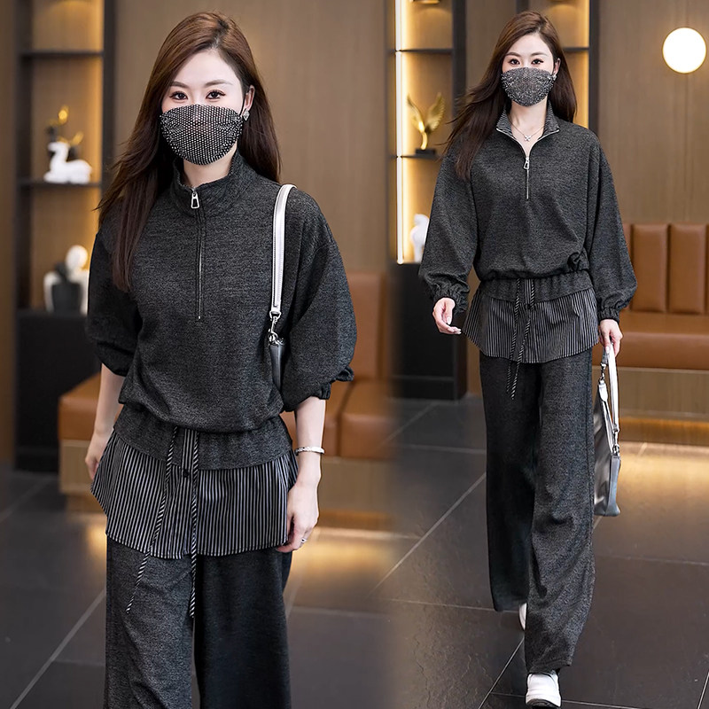 休闲套装半拉链卫衣条纹屁帘休闲裤女胖mm早秋穿搭显瘦一整套