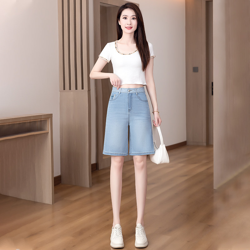 浅蓝色薄款天丝牛仔五分裤女夏季