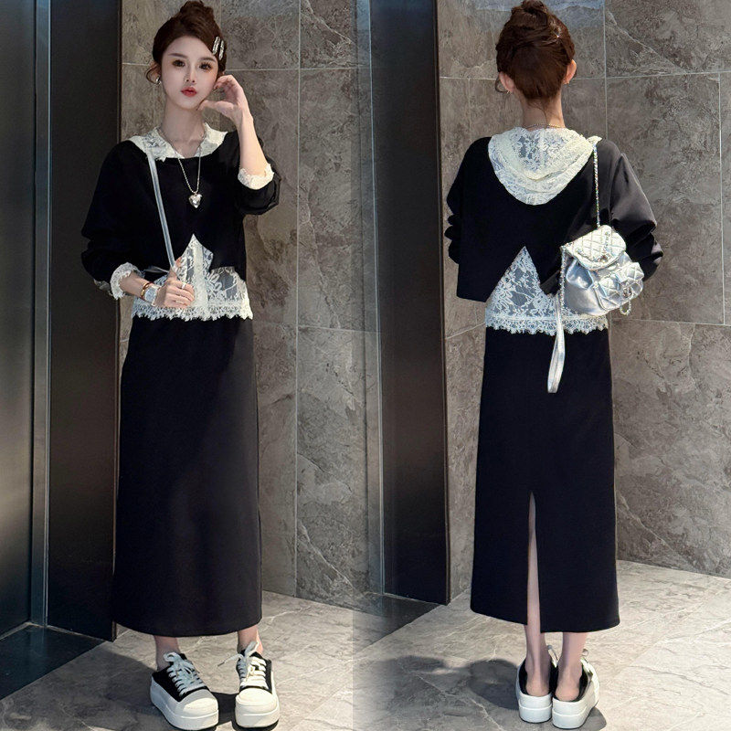 时尚连衣裙套装女秋季新款洋气显瘦蕾丝拼接连帽卫衣半身裙两件套