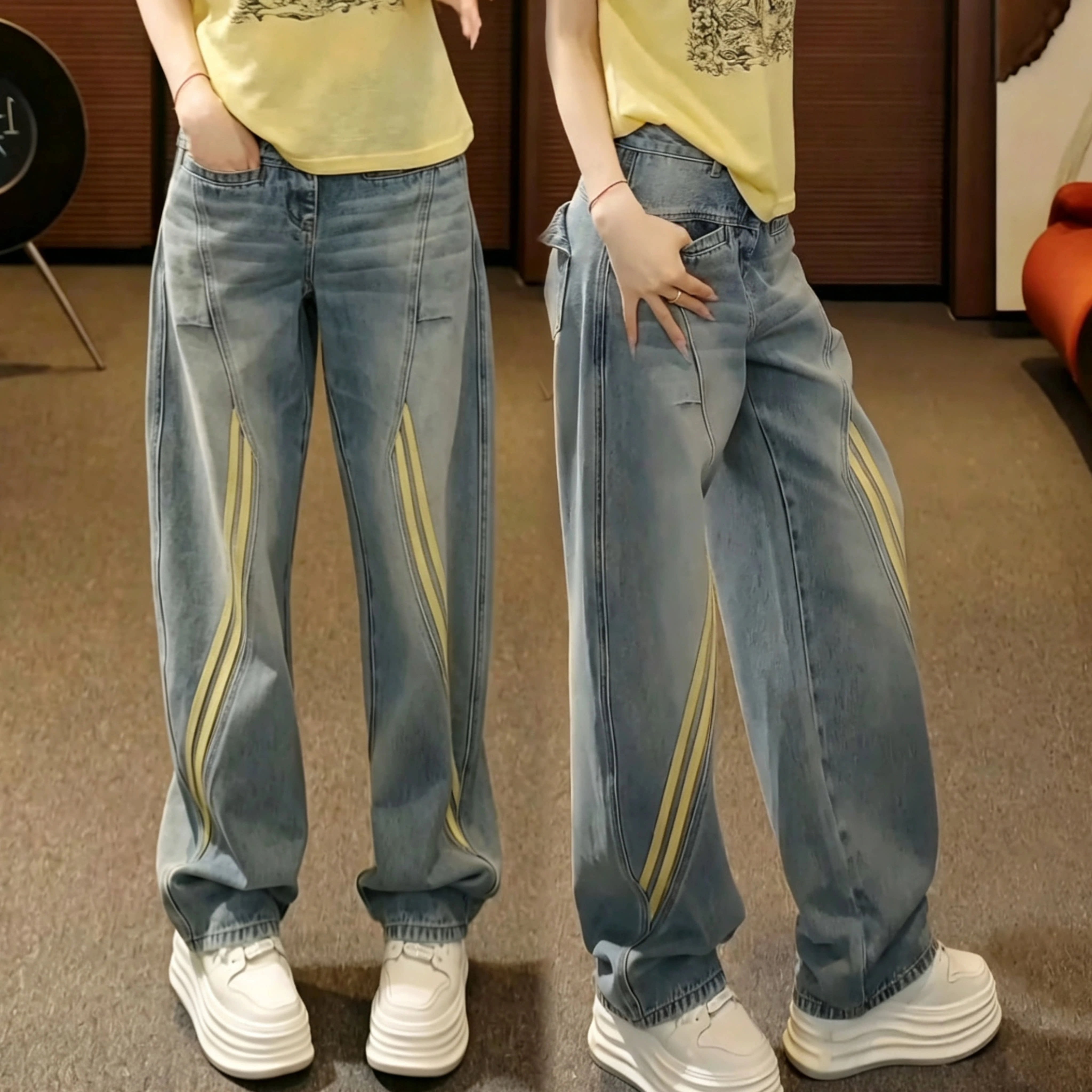 复古条纹拼接弯刀牛仔裤女夏季
