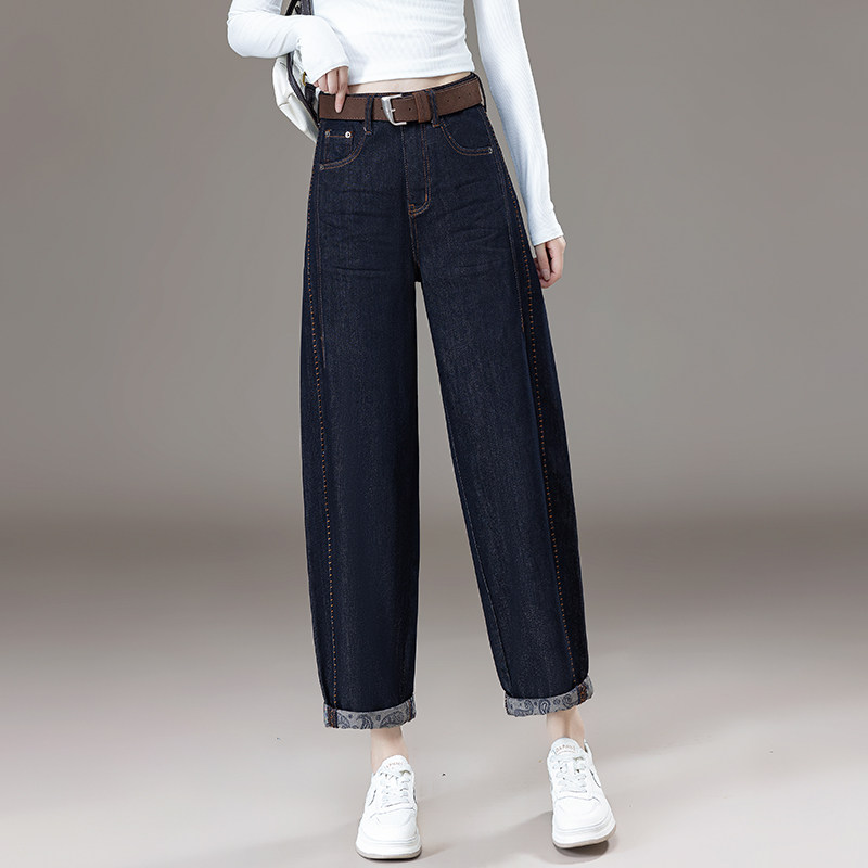 丹宁蓝卷边印花弯刀牛仔裤女秋季