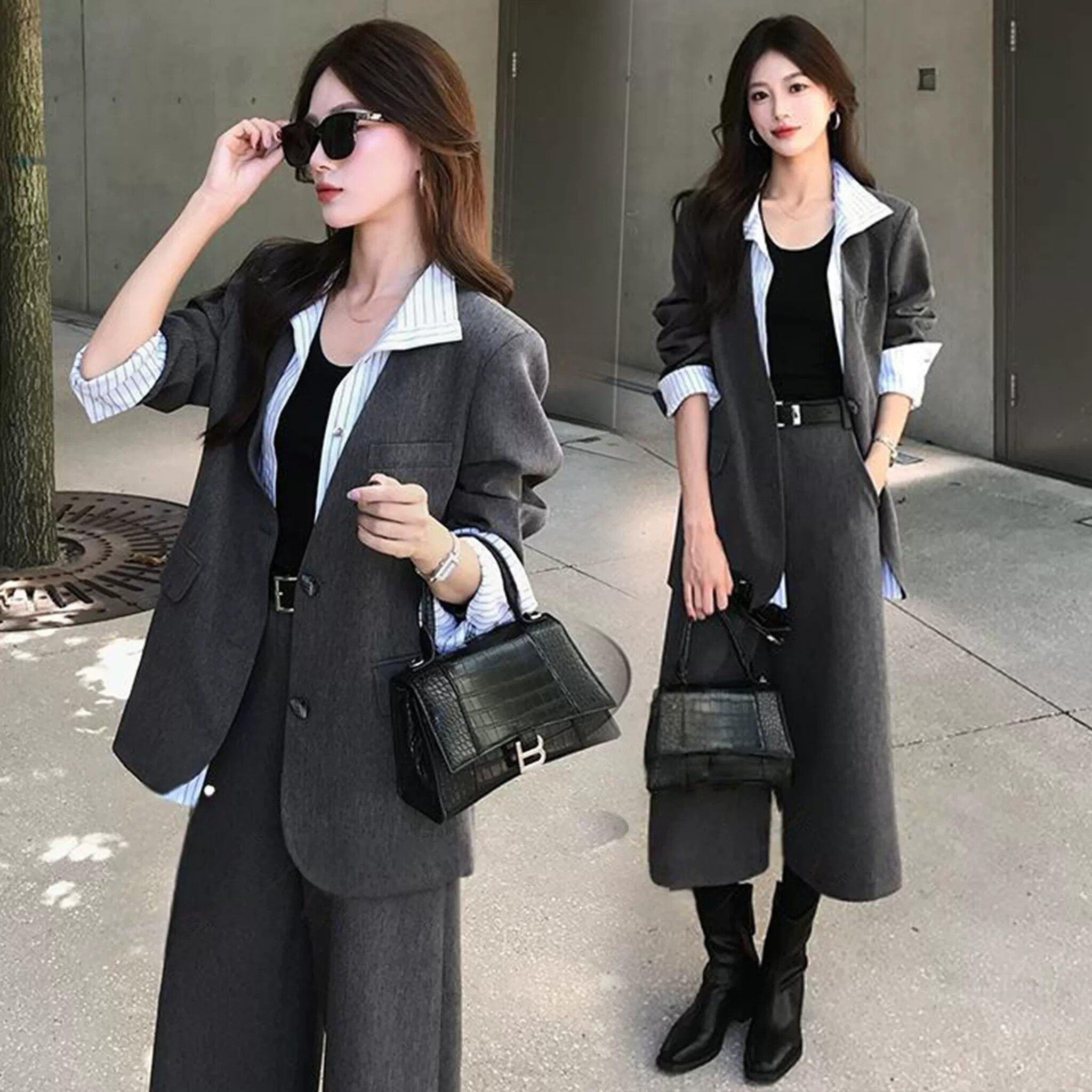 时尚西装套装女秋季新款洋气显瘦假两件拼接西服外套阔腿裤两件套