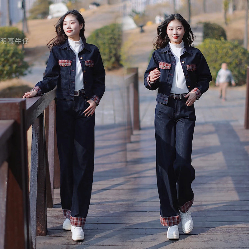 时尚蓝色牛仔套装女士秋款格子撞色两件套休闲服穿搭一整套显瘦