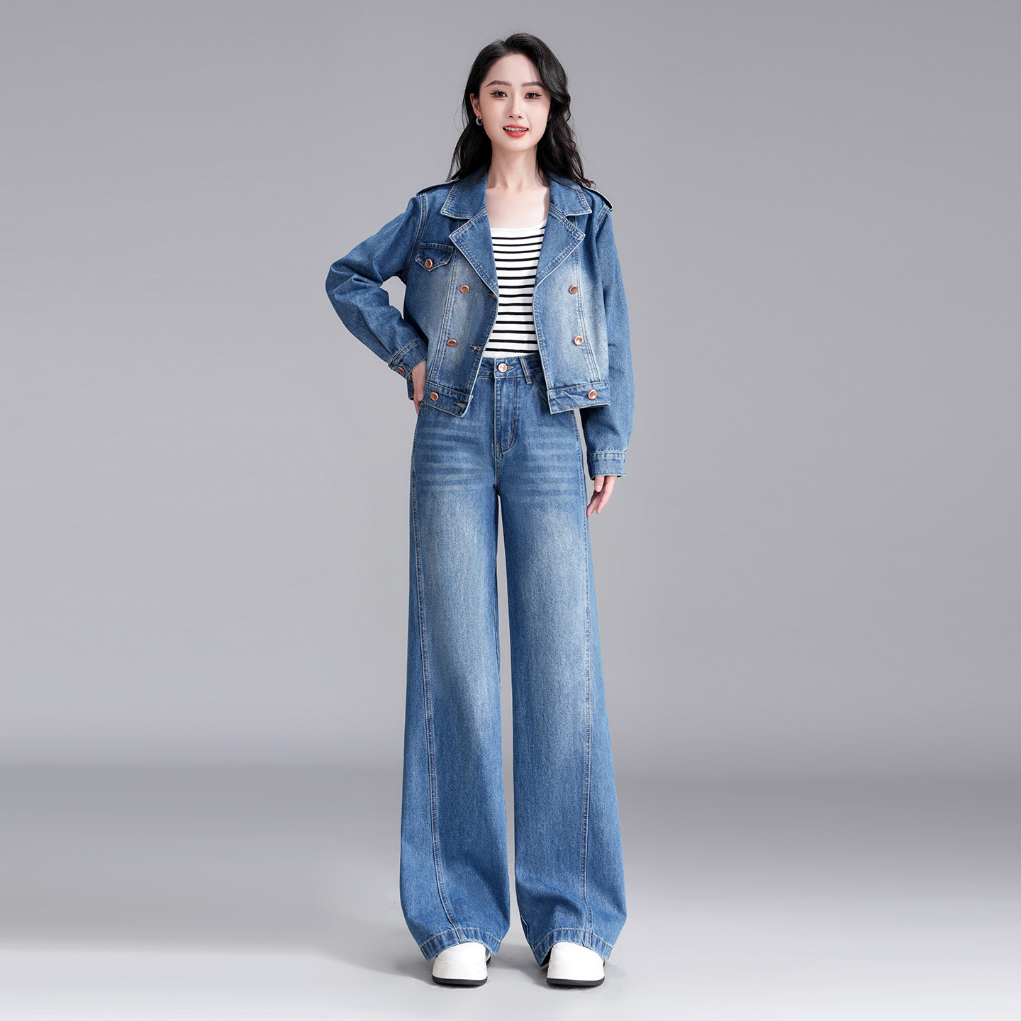 复古牛仔套装女春季显瘦短款牛仔外套高腰阔腿牛仔裤两件套