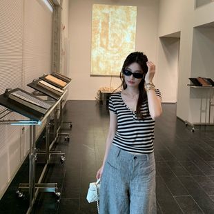 上衣 条纹面膜T 文雅说莱赛尔打底设计感修身 百搭休闲显瘦短袖