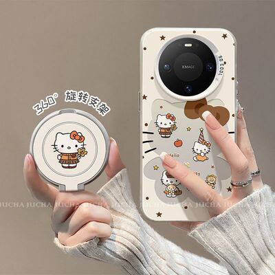 适用华为mate80手机壳带支架小众HUAWEImate70pro枫叶围巾kitty猫
