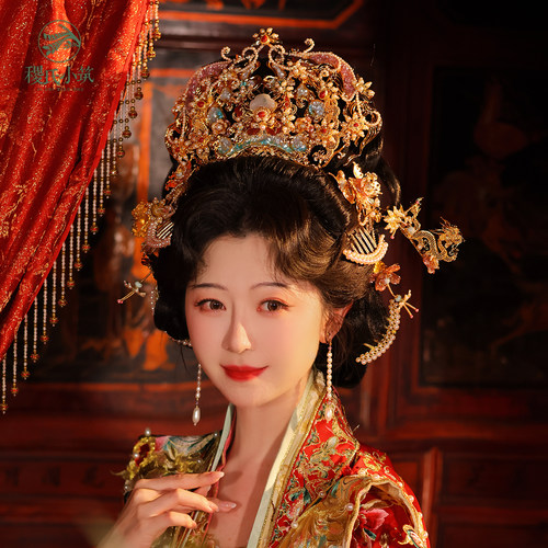 稷氏小筑 龙龙 汉服发冠古风华丽结汉婚新娘头饰套装铜镀金发饰