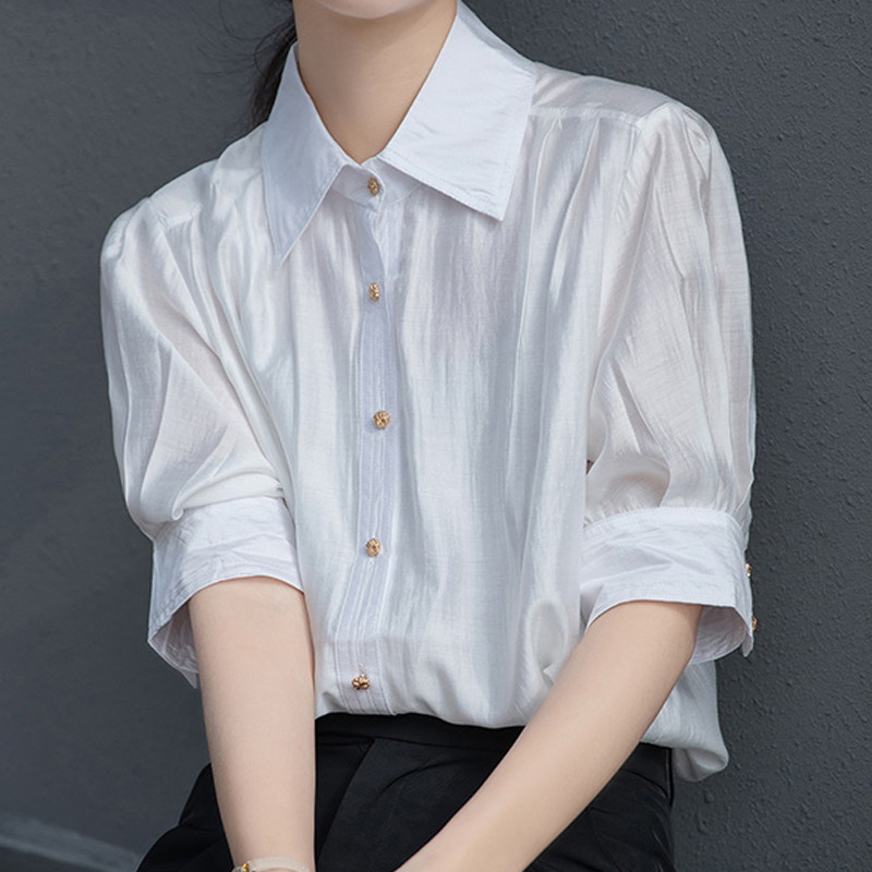 白色泡泡袖雪纺衬衫女夏短袖