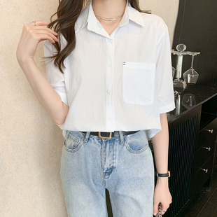 大码 纯棉白色衬衫 韩版 女夏季 胖MM宽松显瘦设计感小众职业上衣 短袖
