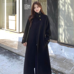 黑色羊绒质感立领毛呢外套女韩系设计感小个子大码胖MM春秋呢大衣