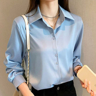 蓝衬衫女职业OL长袖正装免烫上衣大码200斤上班面试单位工装衬衣