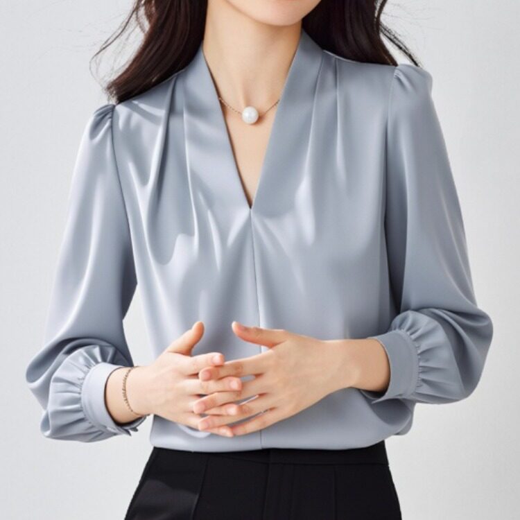 雾霾蓝雪纺衫女夏长袖大码胖MM简约衬衫轻熟职业通勤缎面V领上衣