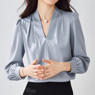 雾霾蓝雪纺衫女夏长袖大码胖MM简约衬衫轻熟职业通勤缎面V领上衣