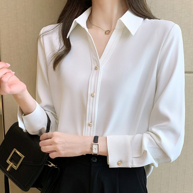 白色雪纺衬衫女长袖春夏装韩系大码胖MM设计感小众职业通勤OL上衣