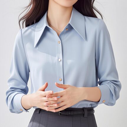 浅蓝色醋酸缎面长袖衬衫女夏大码洋气高级感OL通勤简约光泽白衬衣
