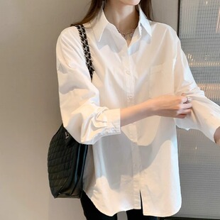 春夏白色衬衫女长袖大码韩系胖MM宽松小众高级感职业OL面试衬衣