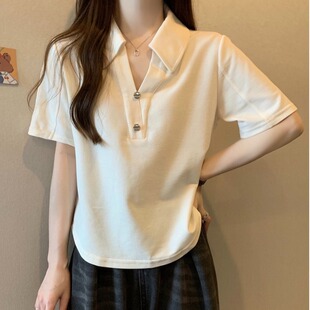 大码 白色纯棉T恤衫 韩版 夏装 胖MM200斤宽松小V领设计感上衣 女短袖