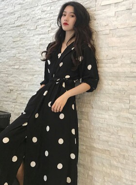 韩版雪纺连衣裙女夏短袖大码胖mm220斤显瘦洋气复古波点过膝长裙