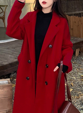 酒红色毛呢外套秋冬韩系大码女装胖MM200斤高级感加厚婚礼呢大衣