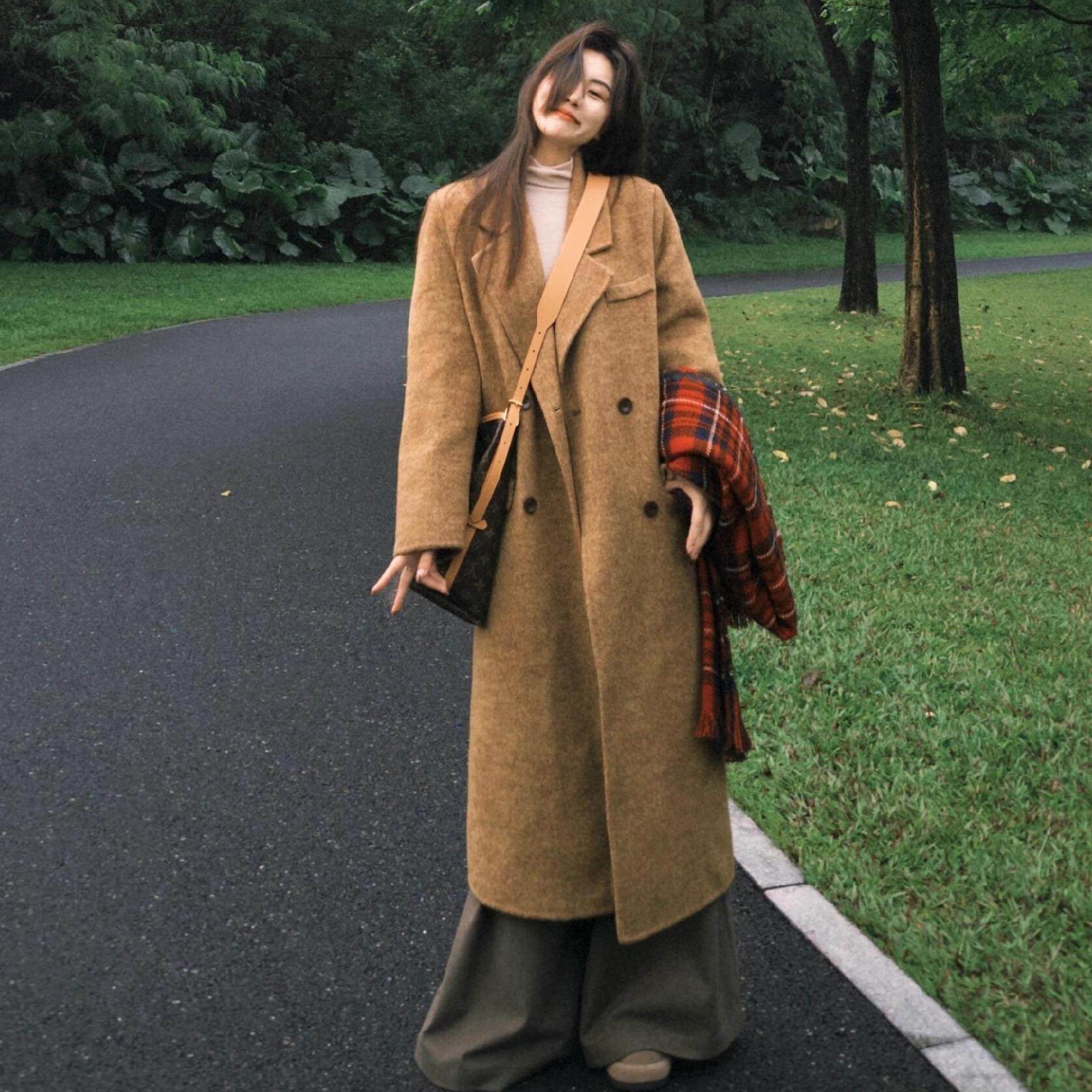 秋冬新款棕色呢子大衣女夹棉加厚中长款高级感小个子毛呢外套女