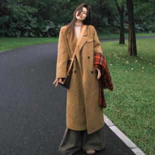 秋冬新款棕色呢子大衣女夹棉加厚中长款高级感小个子毛呢外套女