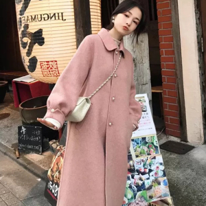 浅粉色温柔系毛呢外套女秋冬韩版大码胖mm中长款小个子加厚呢大衣