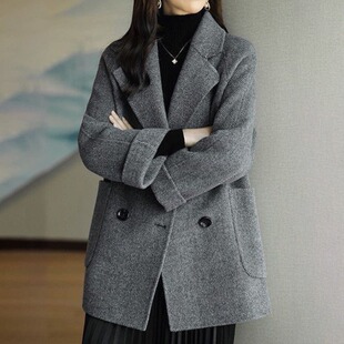 深灰色毛呢外套女秋冬装韩系大码胖MM宽松短款小个子加厚呢子大衣