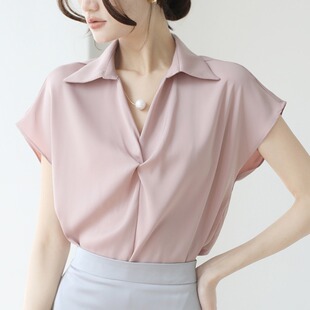 浅粉色雪纺衬衫女短袖夏季韩系大码胖MM宽松设计感职业通勤OL上衣