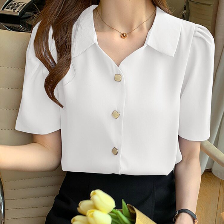 白色雪纺短袖衬衫女夏装韩系大码宽松设计感小众职业轻熟百搭上衣