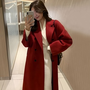 酒红色质感毛呢外套女秋冬胖MM大码200斤新年婚礼服小个子呢大衣