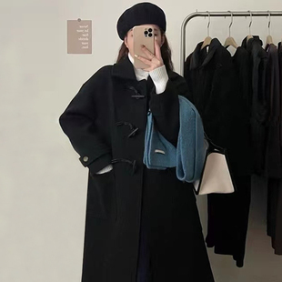 黑色毛呢外套女2025春秋大码胖mm设计感牛角扣小个子加厚呢子大衣