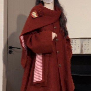 圣诞新年红色围巾斗篷毛呢外套女秋冬2026新款韩系高级感呢子大衣