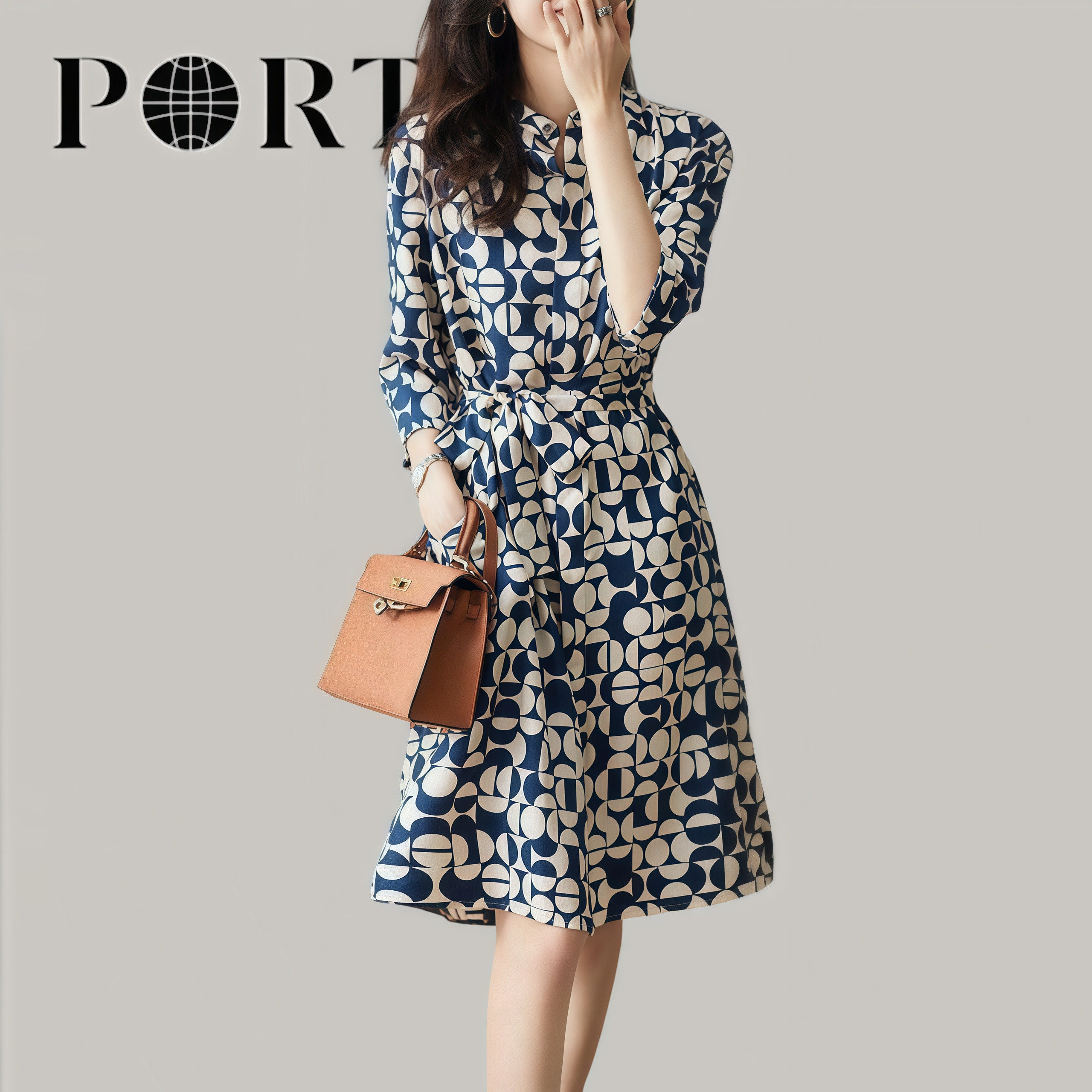 大牌女春夏大码胖MM法式收腰几何雪纺印花衬衫裙通勤系带连衣裙