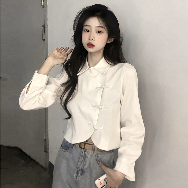 新中式盘扣白色衬衫女长袖秋装中国风大码胖MM气质修身旗袍上衣