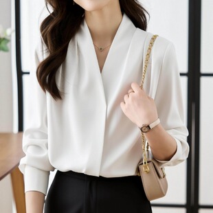 白色雪纺V领衬衫女长袖春夏大码胖MM高级感衬衣职业通勤正装上衣