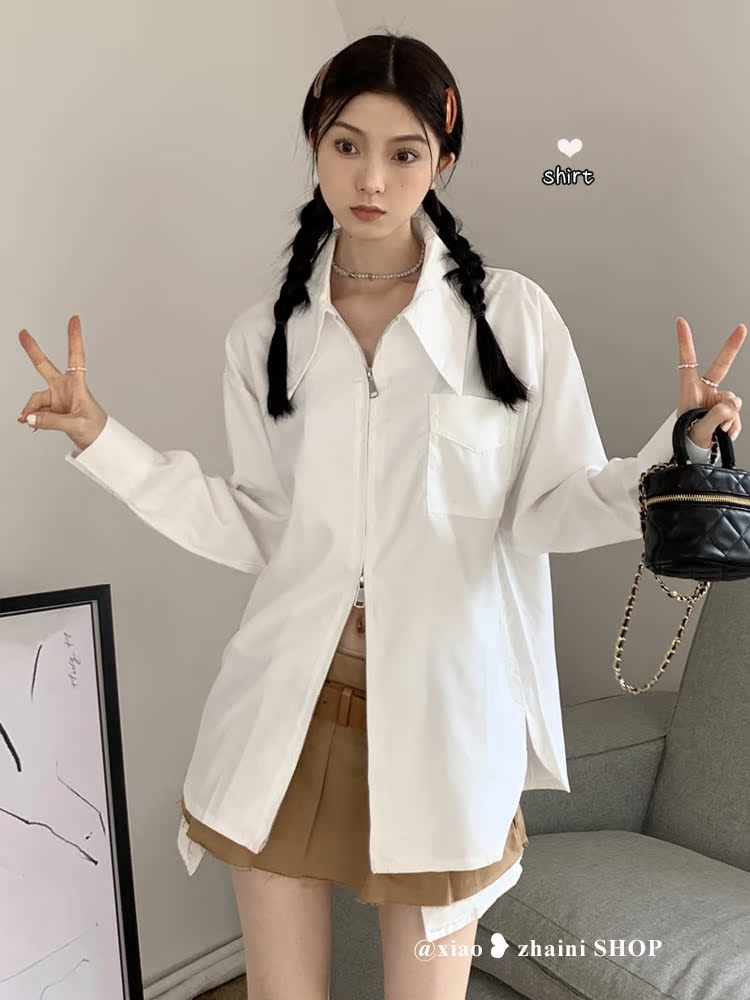 双拉链白色上衣衬衫女长袖夏韩系大码胖MM宽松设计高级感小众衬衣