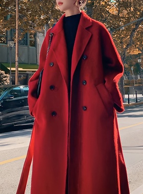 安哥拉红色毛呢外套女秋冬大码胖MM200斤宽松加厚新年本命呢大衣