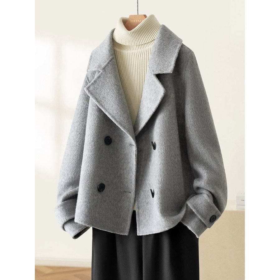 浅灰色毛呢外套女秋冬装韩系大码胖MM宽松短款小个子加厚呢子大衣