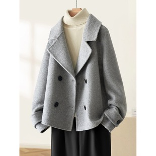 浅灰色毛呢外套女秋冬装韩系大码胖MM宽松短款小个子加厚呢子大衣