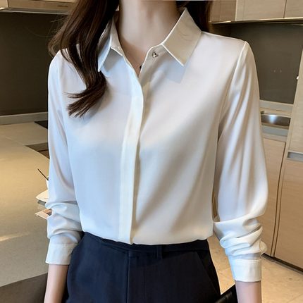 白色真丝长袖衬衫女夏装韩系大码胖mm设计感轻熟港风缎面OL衬衣