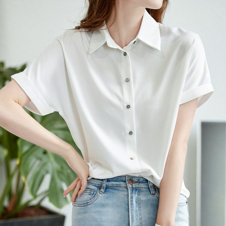 白色缎面短袖衬衫女夏正装polo职业高端气质绸缎上衣通勤面试衬衣