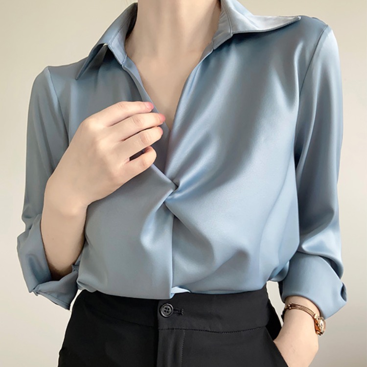 蓝色抗皱免烫缎面衬衫女大码MM职业通勤穿搭面试衬衣职场正装上衣