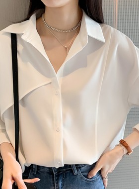 秋装白色雪纺衬衫上衣女长袖大码胖mm200斤设计感职业面试OL衬衣