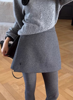 灰色毛呢半身裙女秋冬短裤裙高腰显瘦开叉黑色遮肚包臀裙a字裙裤