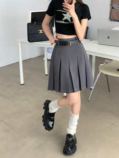 裙 灰色百褶裙女复古高腰大码 韩版 学院风日系设计感半身裙西装 工装