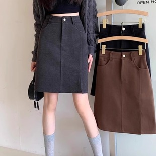 秋冬高腰开叉a字裙胖mm大码 毛呢半身裙女中长款 遮胯显瘦包臀中裙