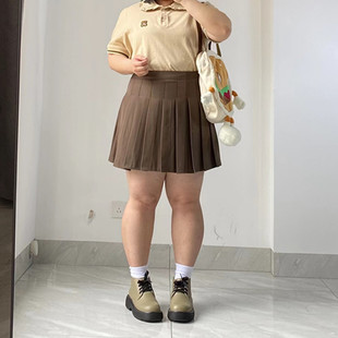 短裙垂感防走光高腰a字裙微胖半身裙显瘦包臀裙裤 咖色百褶裙西装