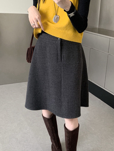 灰色毛呢半身裙女秋冬高腰显瘦中长款a字裙大码胖mm遮胯五分伞裙